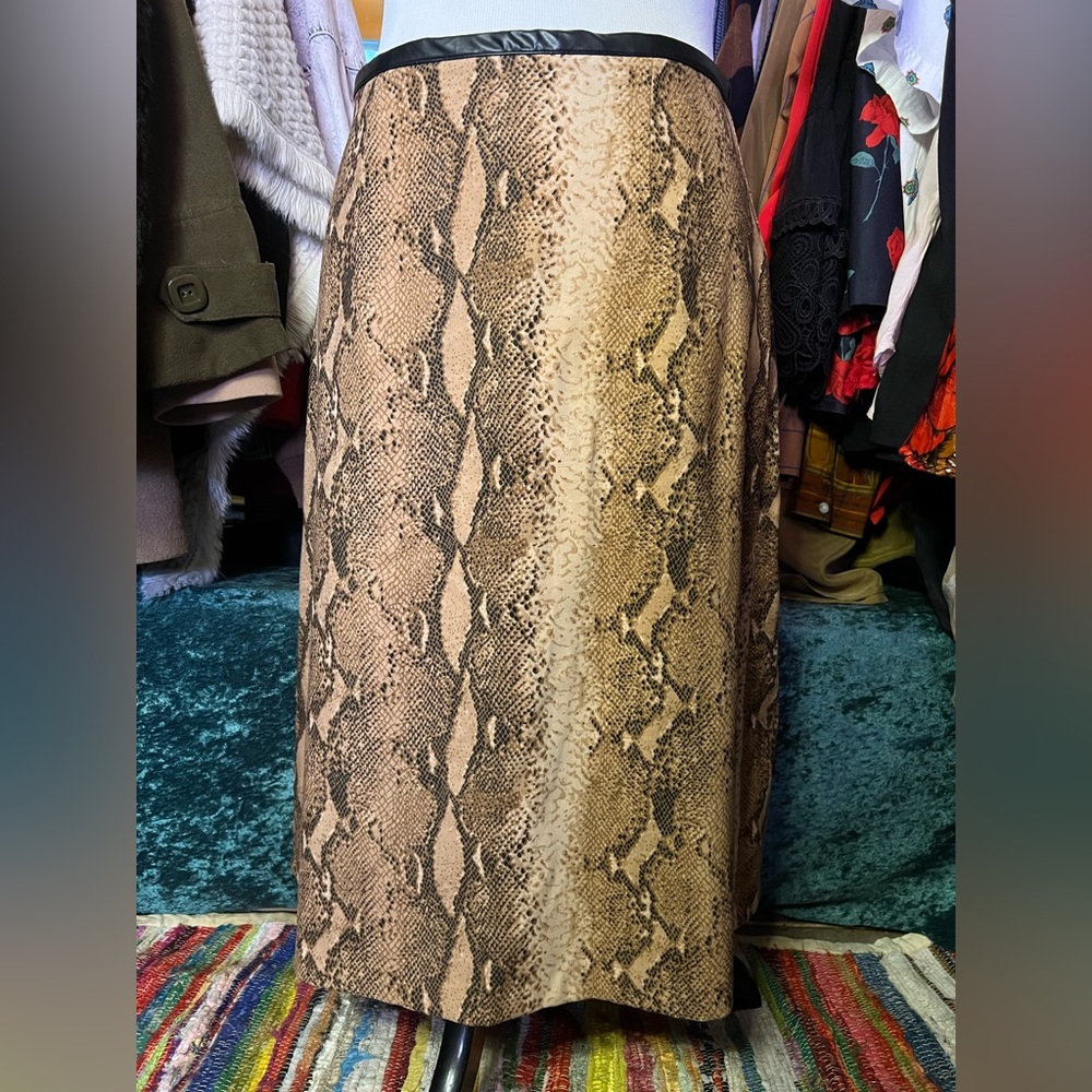 Vintage brown snakeskin print midi skirt with faux leather trim
